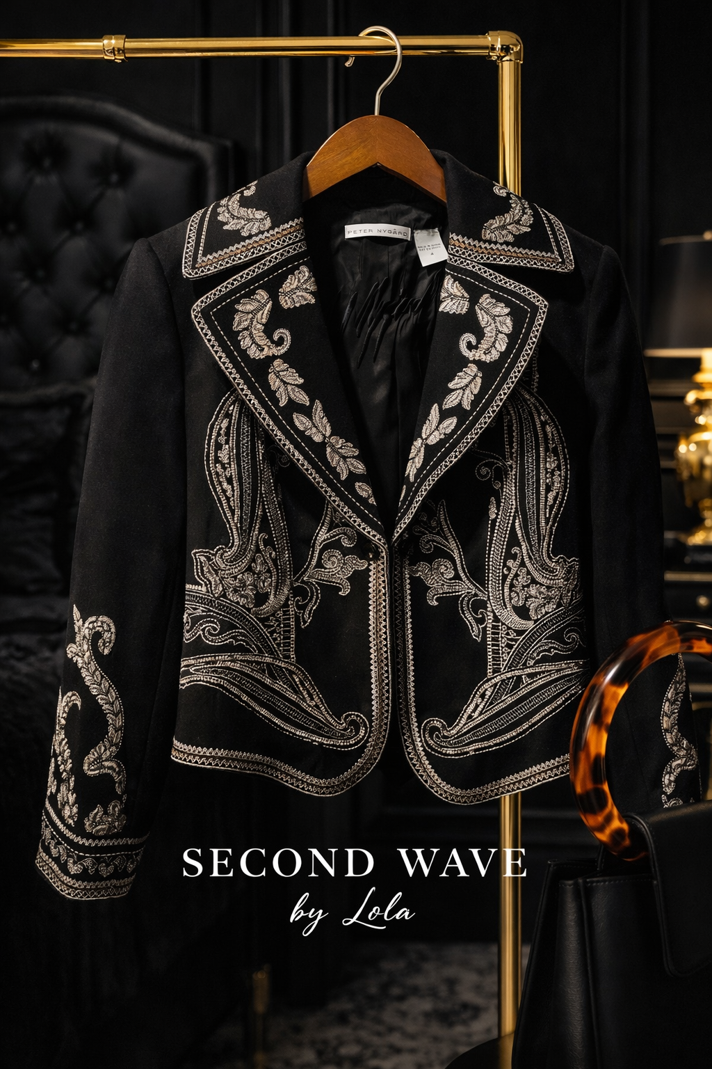 Peter Nygård Black Embroidered Blazer Size 4 | Baroque Silver Embroidery Jacket | Statement Evening Jacket | Vintage Inspired