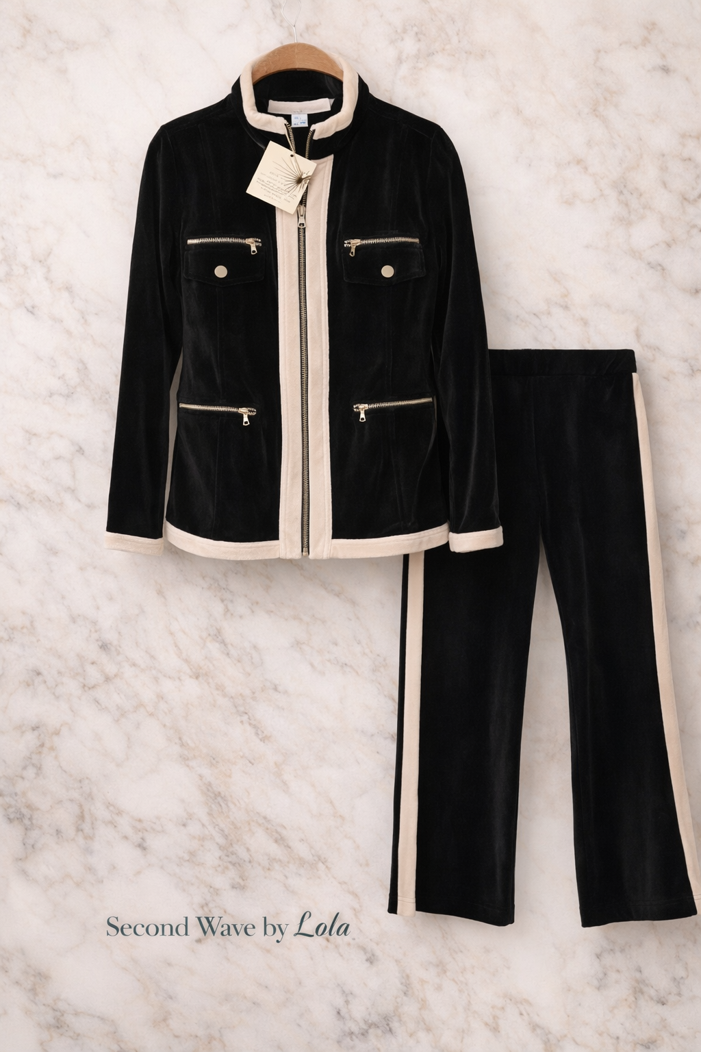 Boston Proper Velour Chic Zipper Coord Set – Black & Cream | 2-Piece Lounge Set | Size S