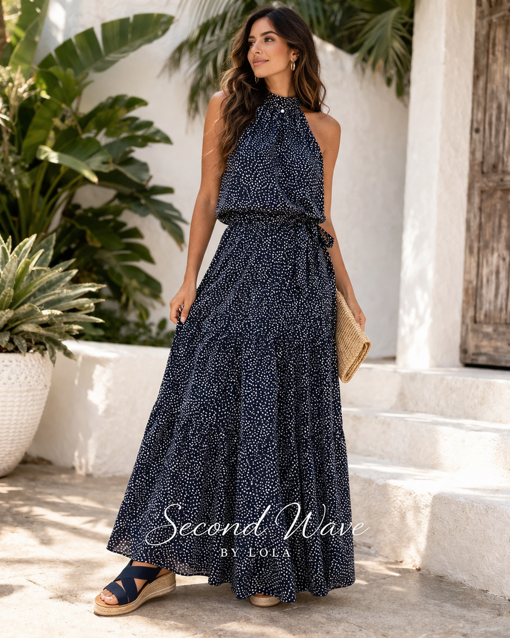 Camila Navy White Polka Dot Halter Maxi Dress M Boho Resort Flowing Statement
