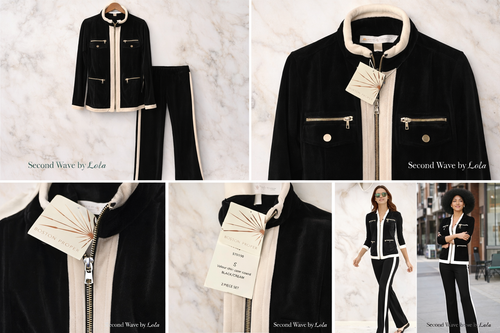 Boston Proper Velour Chic Zipper Coord Set – Black & Cream | 2-Piece Lounge Set | Size S