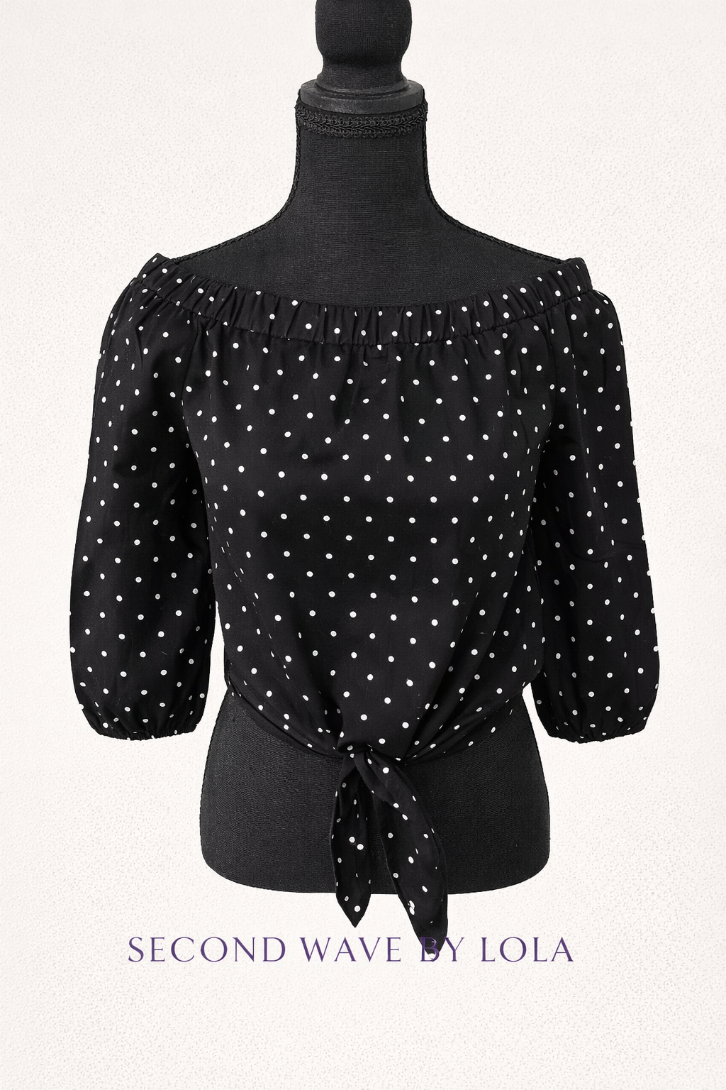 Black Polka Dot Off-Shoulder Tie Front Blouse – Size XS