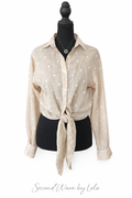 Spoiled Rotten 100% Linen Tie Front Blouse – Size M – Beige