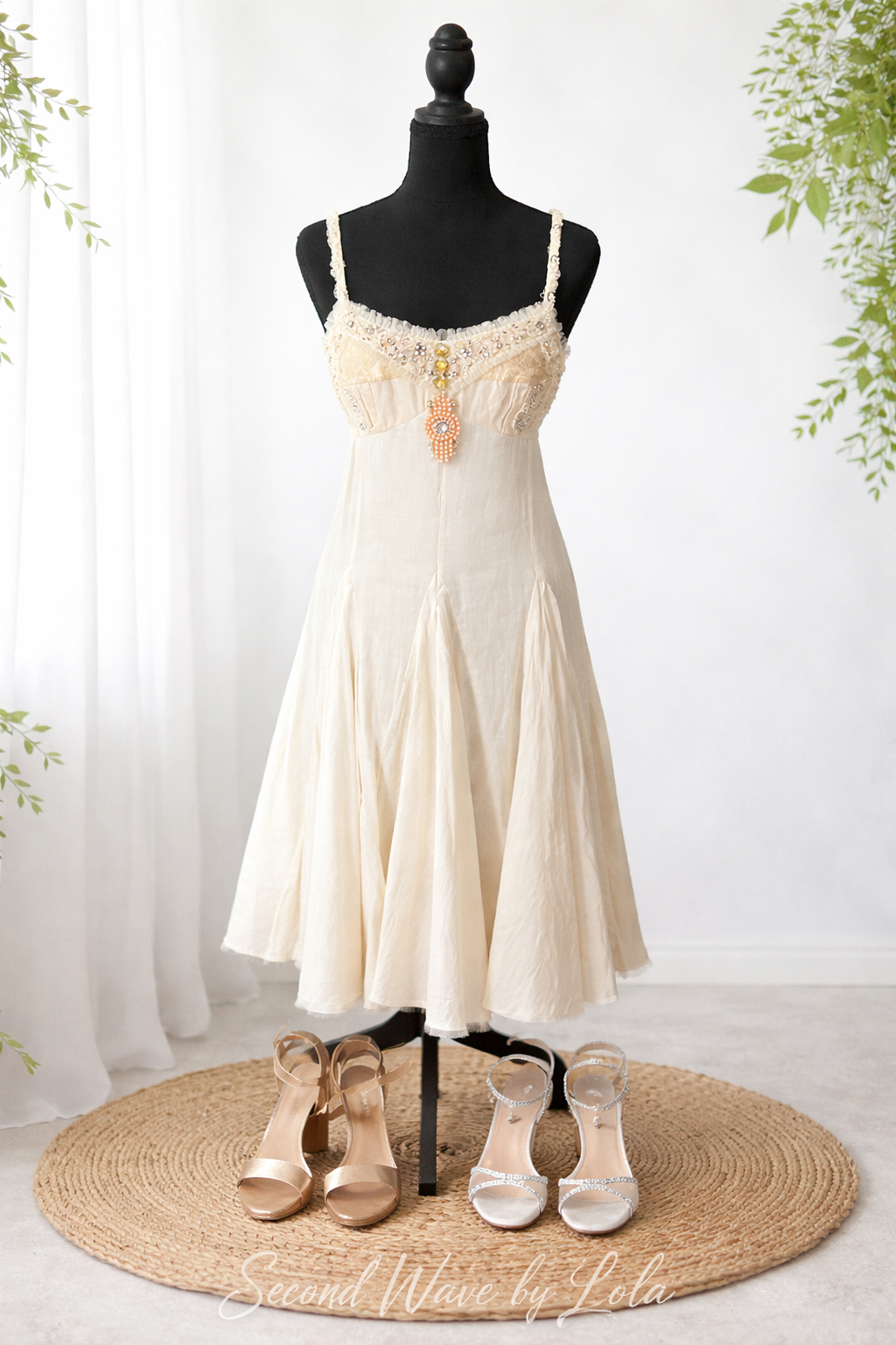 FP One Embellished Boho Slip Dress – Size 2 – Cream Vintage Style