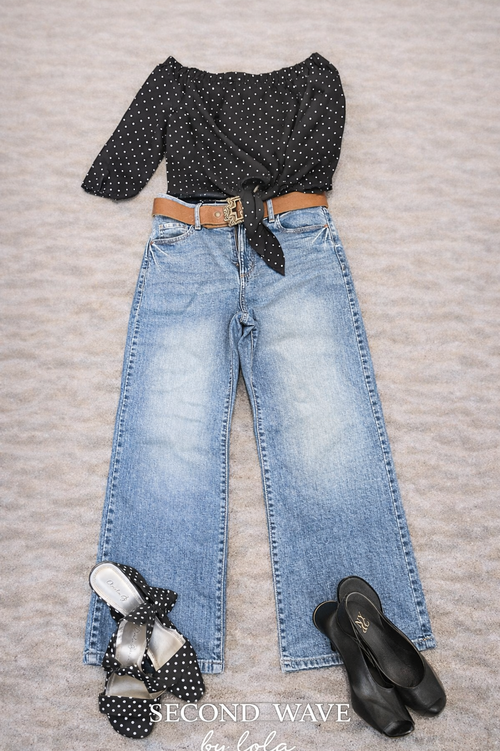 Black Polka Dot Off-Shoulder Tie Front Blouse – Size XS