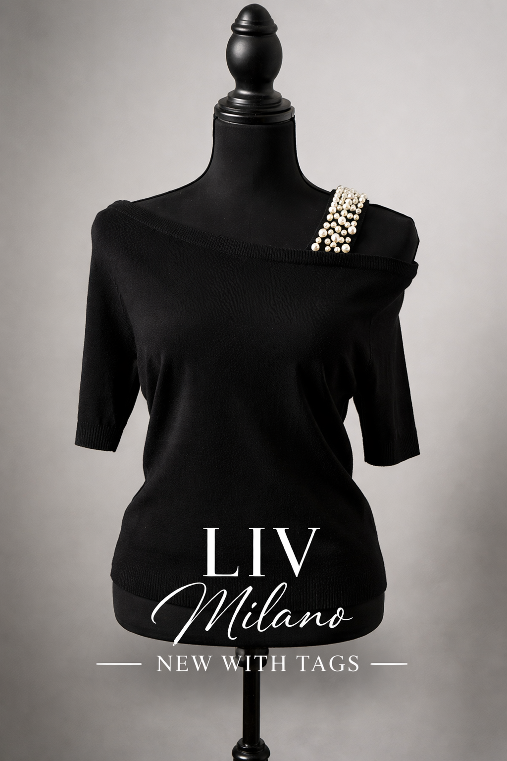 LIV Milano Pearl Shoulder Knit Top – Black  Size M New With Tags