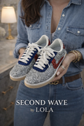 Lucky Step Glitter Sneakers – Silver with Red & Blue Accents | Air-Cooled Comfort | Size 8.5 | Pre-Owned