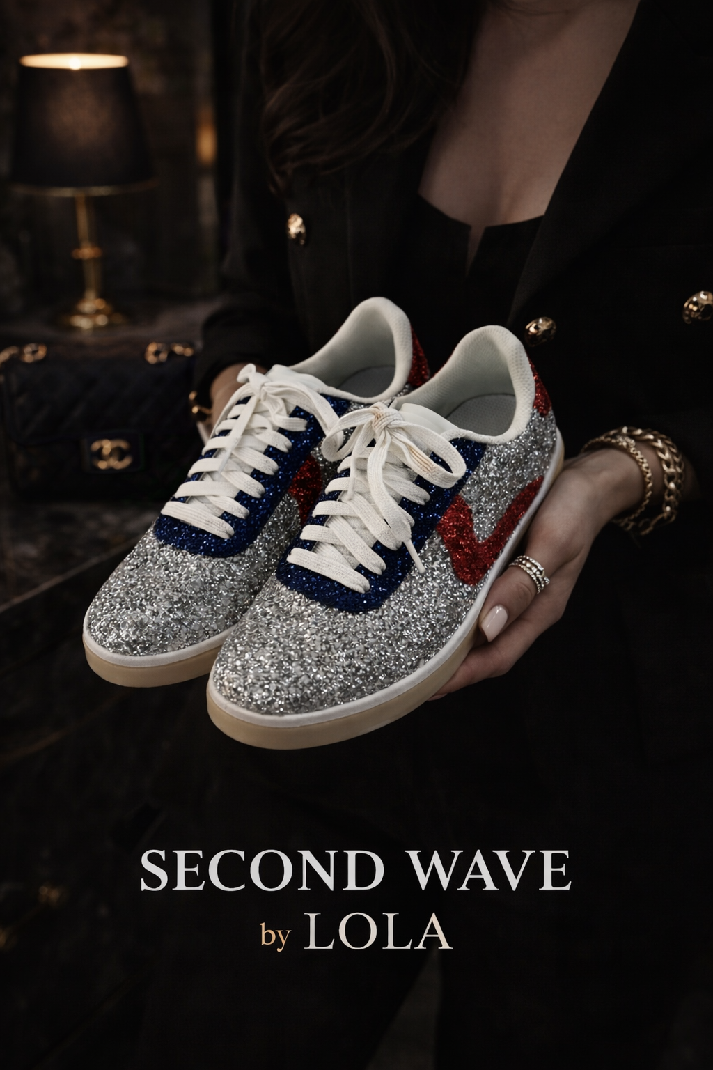 Lucky Step Glitter Sneakers – Silver with Red & Blue Accents | Air-Cooled Comfort | Size 8.5 | Pre-Owned