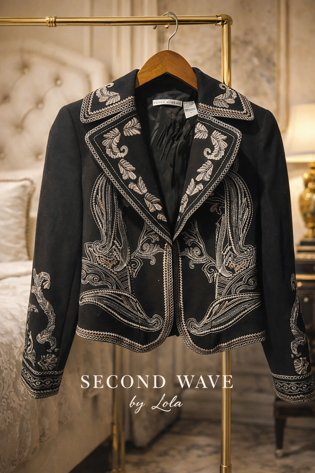 Peter Nygård Black Embroidered Blazer Size 4 | Baroque Silver Embroidery Jacket | Statement Evening Jacket | Vintage Inspired
