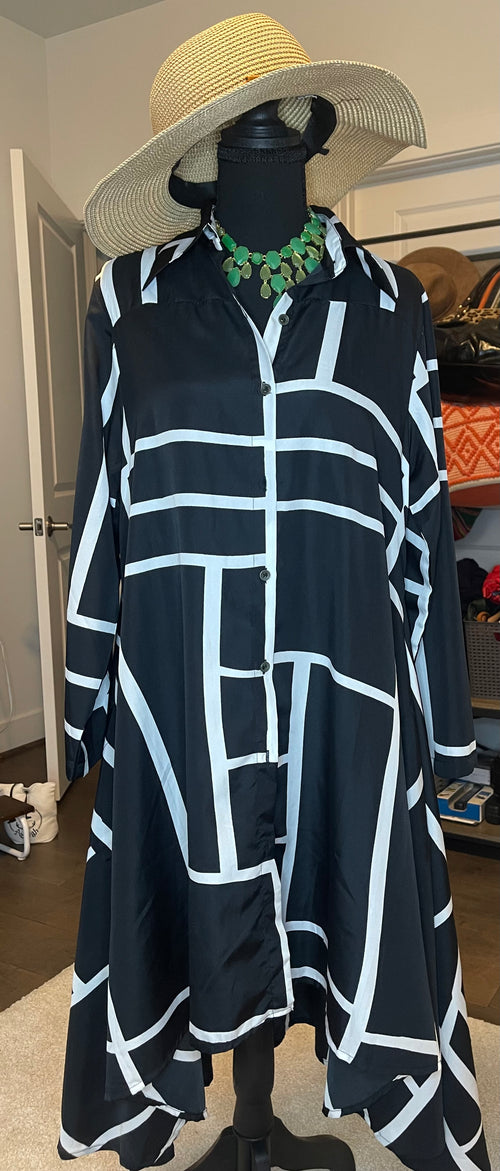Avant Garde Black White Geometric Shirt Dress M Oversized Artsy Statement Tunic