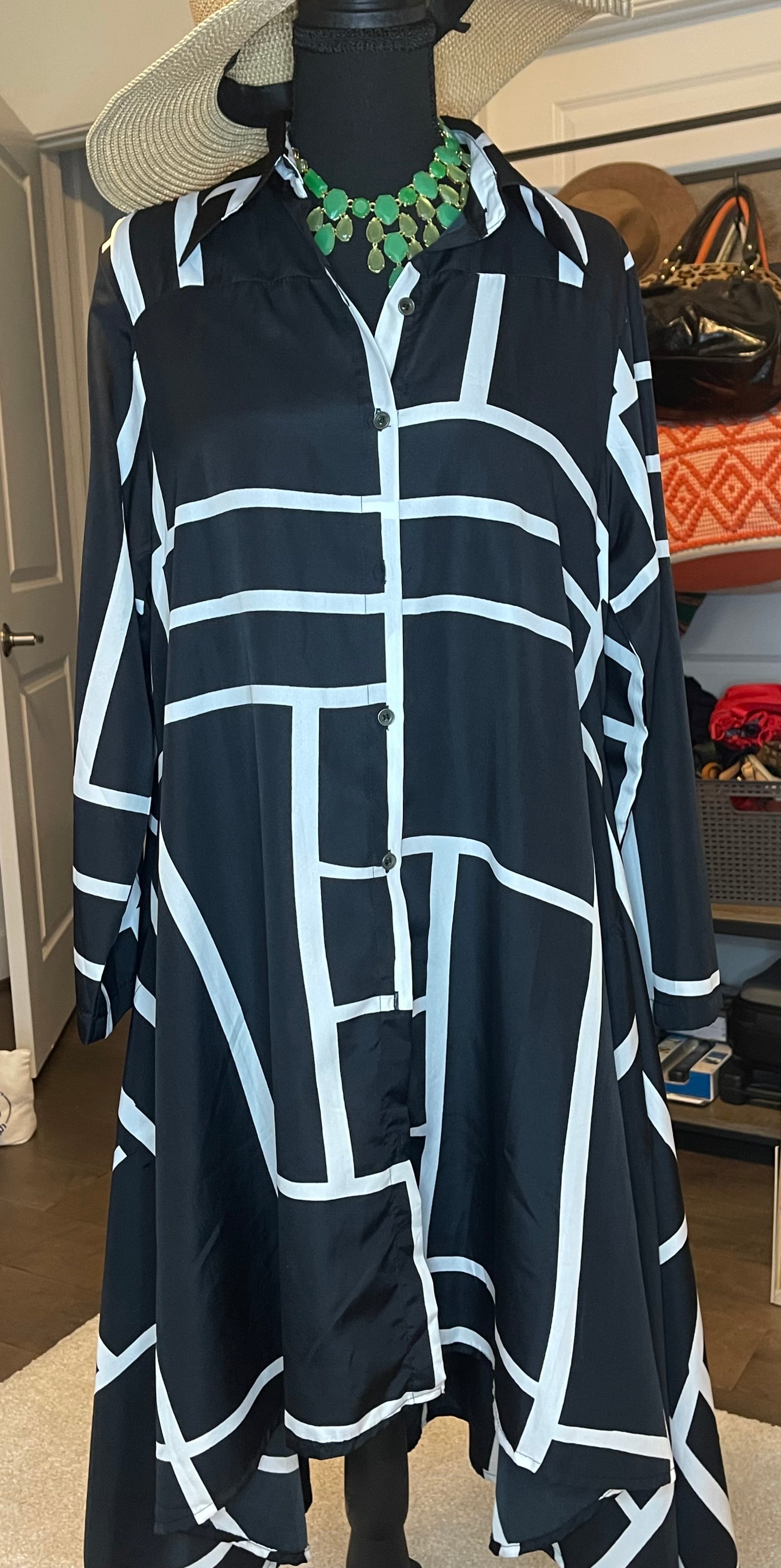 Avant Garde Black White Geometric Shirt Dress M Oversized Artsy Statement Tunic