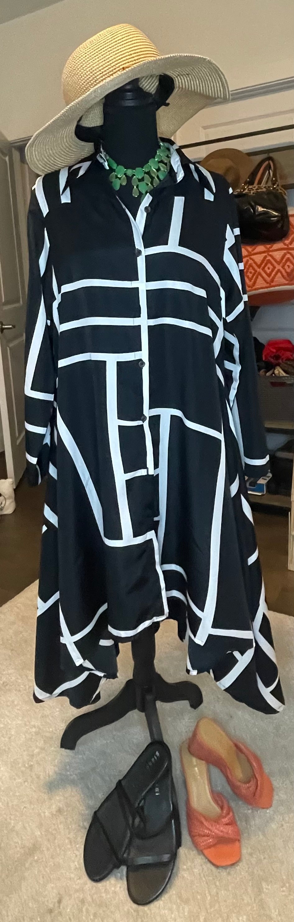 Avant Garde Black White Geometric Shirt Dress M Oversized Artsy Statement Tunic