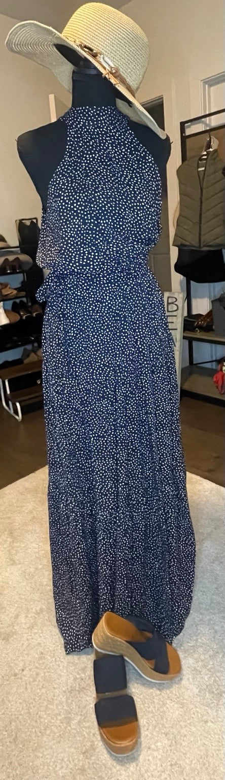 Camila Navy White Polka Dot Halter Maxi Dress M Boho Resort Flowing Statement