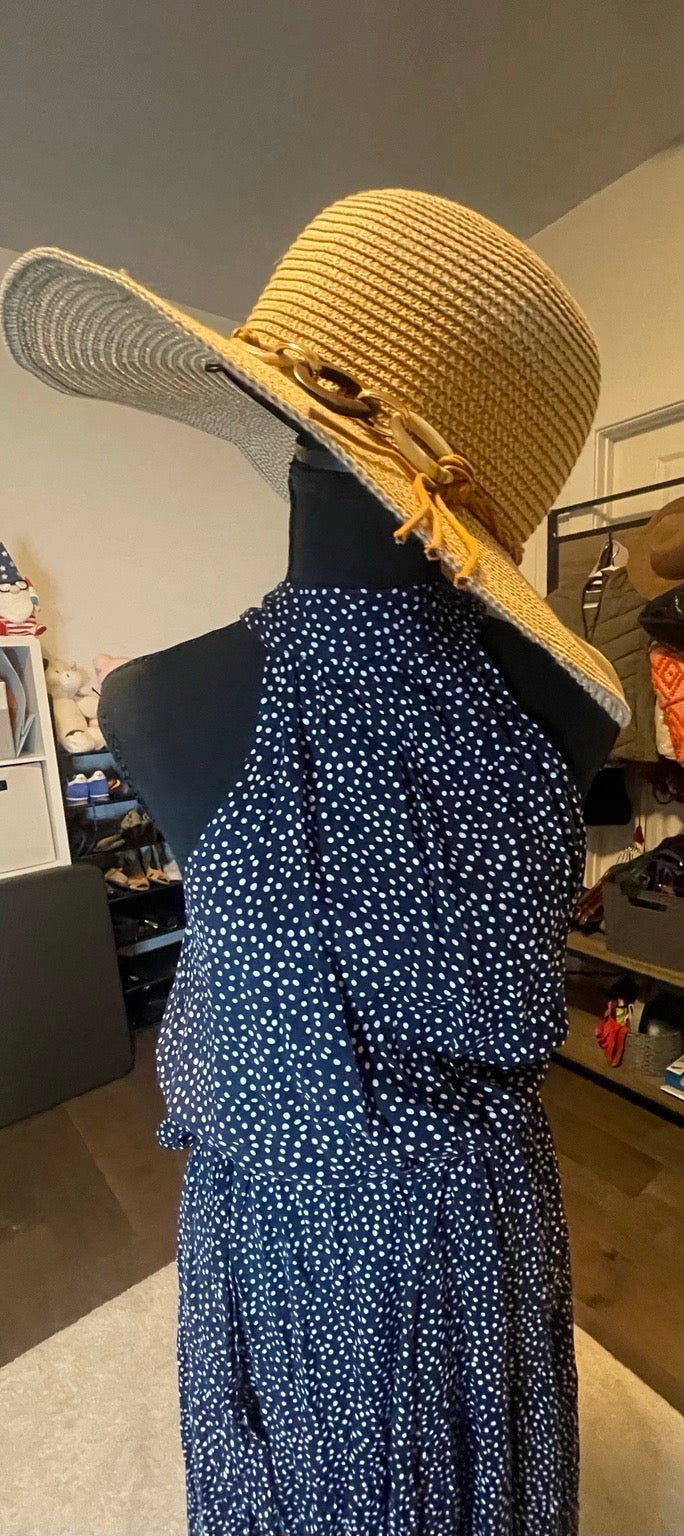 Camila Navy White Polka Dot Halter Maxi Dress M Boho Resort Flowing Statement