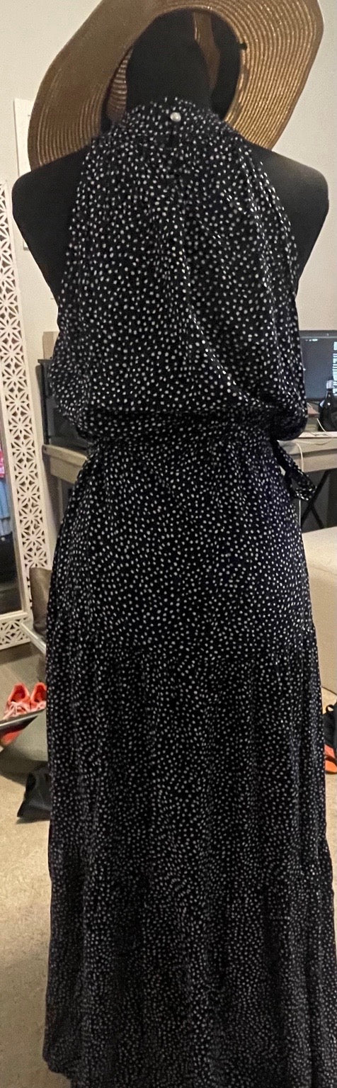 Camila Navy White Polka Dot Halter Maxi Dress M Boho Resort Flowing Statement